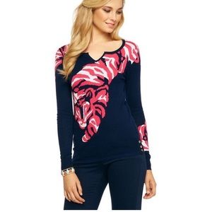 Lilly Pulitzer navy Tiger sweater gold button hem Womens Xxs 0, teen girls 14-16
